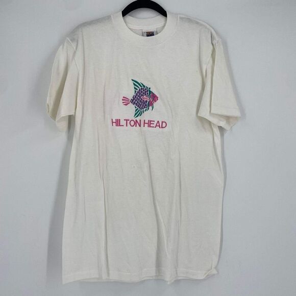 Vintage 80s Hilton Head Single stitch Tropical Fish T-Shirt White Medium - Picture 9 of 9